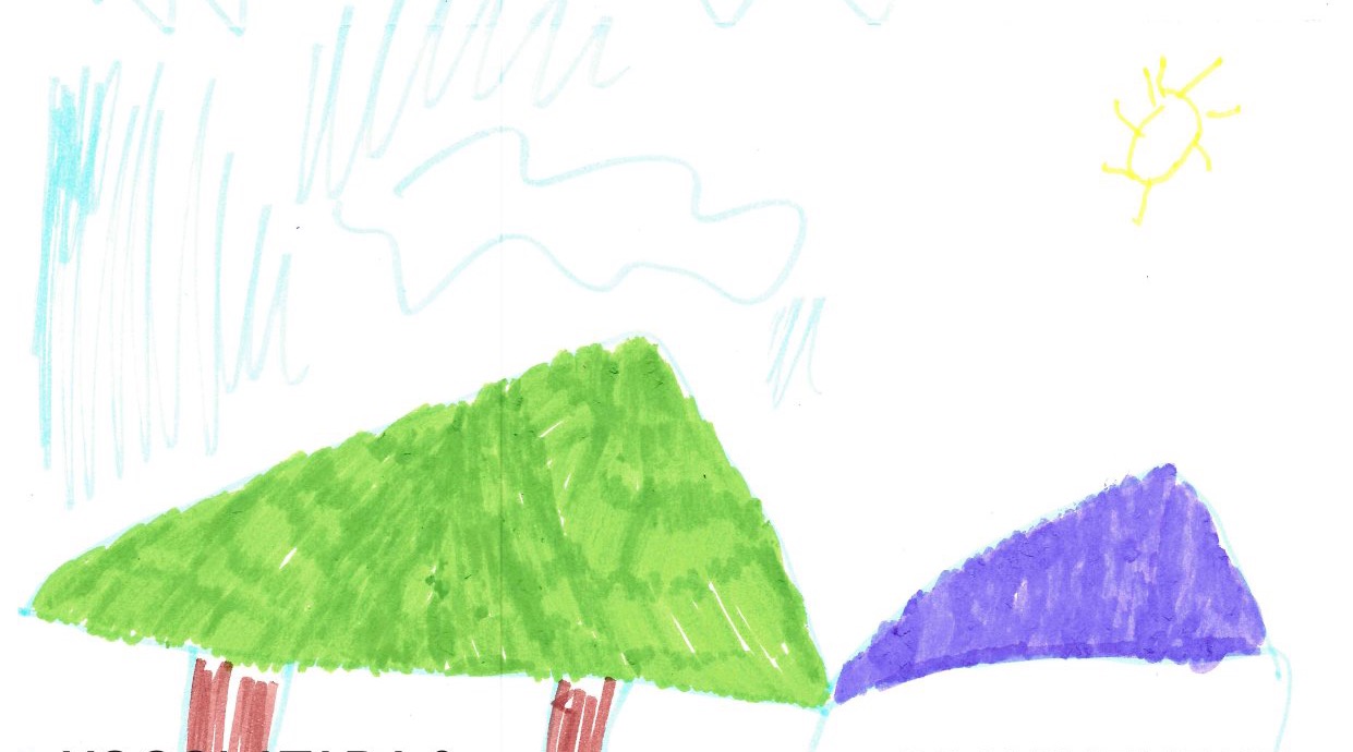 Dibuix de dos arbres i un sol fet per un artista de Llaflor, imatge del cartell de Creativitats que (+) sumen